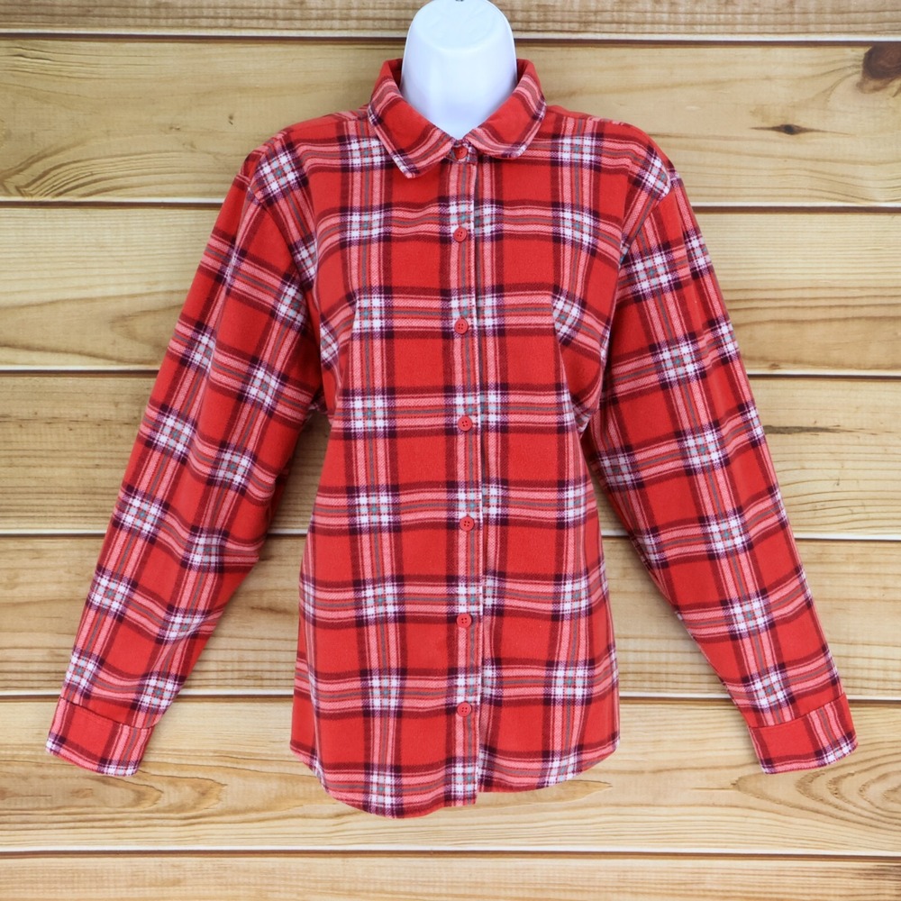 Riders by Lee Button Up Pajama Top Womens Sz XL Multicolor Plaid Fleece Collared